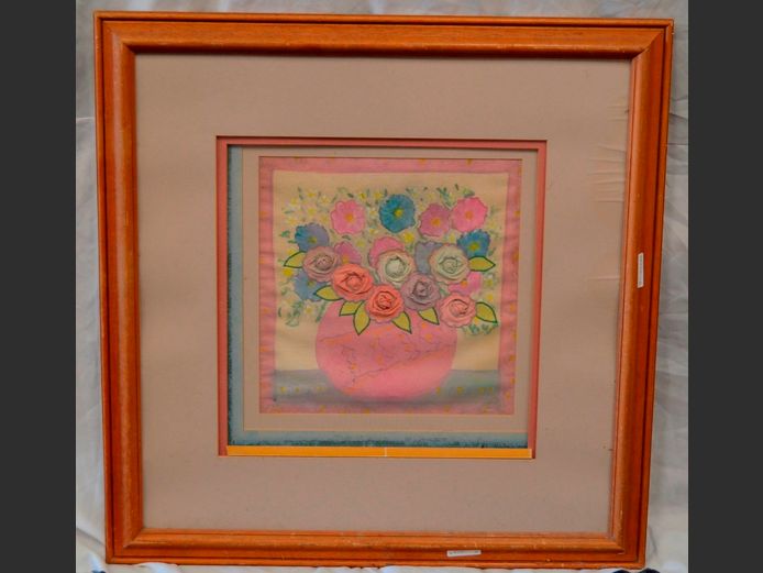 FRAMED "FLOWERS IN VASE" ON FABRIC, 34 x 34cm