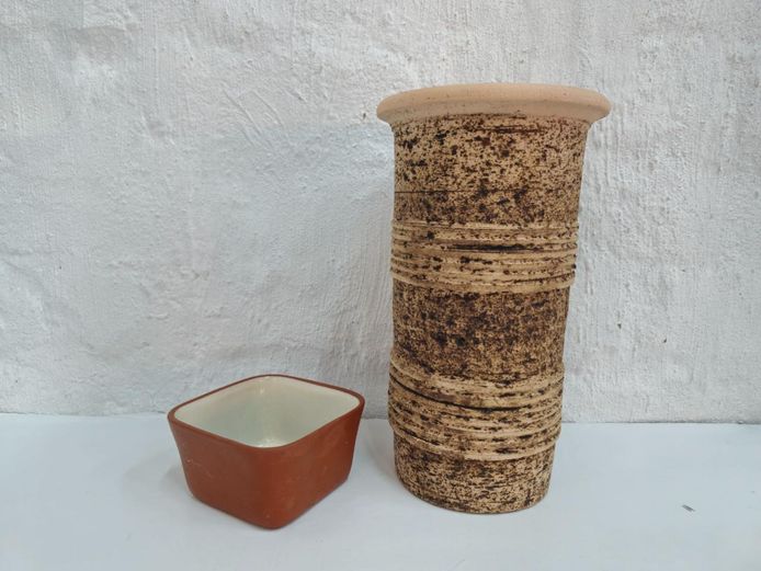 Rustic Textured Clay Vase and Square Terracotta Dish
