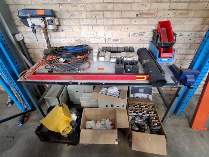 Metal worktable with Drill Press, Vice,  Electrical boxes, globes, fittings etc