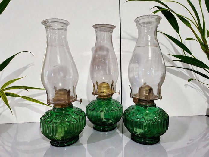 Textured Emerald Green Glass Kerosene Lamps