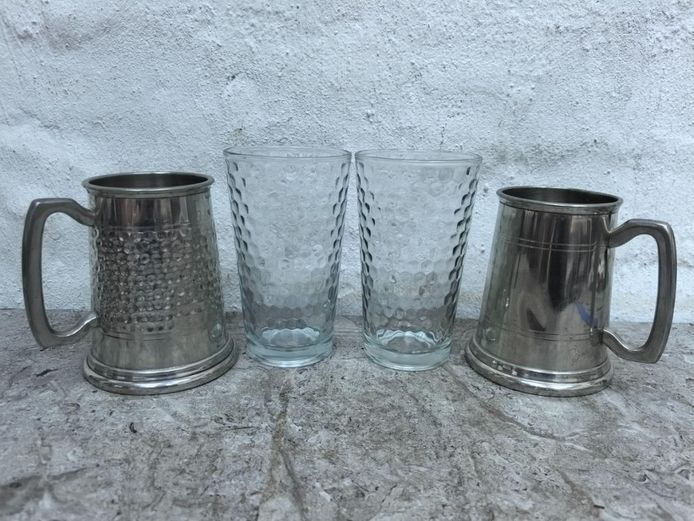 Vintage Metal Pewter Stein Mugs & Textured Glass Tumblers