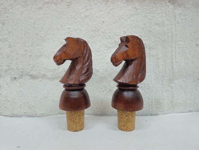 Pair of Carved Wooden Horse Head Wine Bottle Stoppers