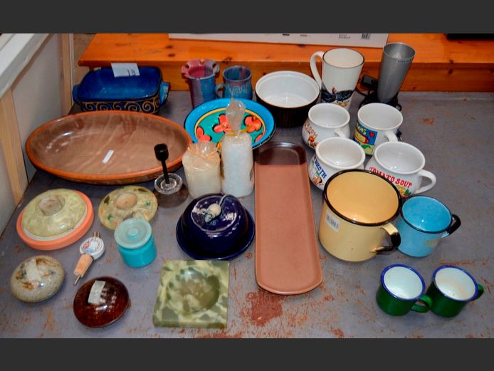 STONEWARE BOWLS, SOUP MUGS, ENAMEL MUGS, etc