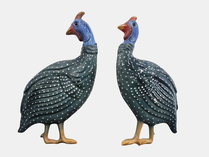 Pair of Polished Porcelain Guinea Fowl Sculptures