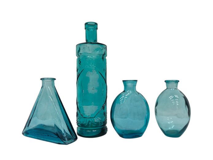 Collection of Turquoise Pressed Glass Vases & Bottles