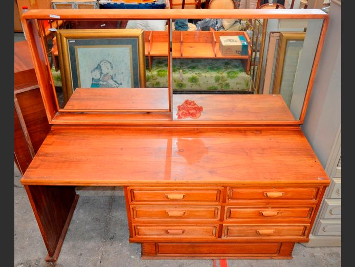 RETRO KIAAT 6-DRAWER DRESSING TABLE WITH MIRROR, 145 x 55 x 126cm