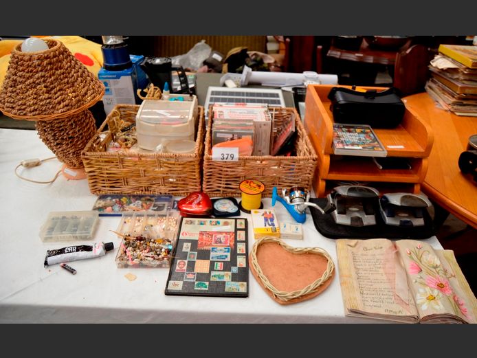 WICKER WRAPPED LAMP, OAK LETTER SORTER, DVD's, CD's, FISHING REEL, etc