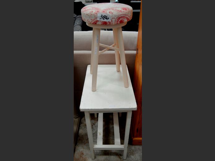 WHITE SIDE TABLE, 55 x 35 x 66cm, & A STOOL, 51cm High