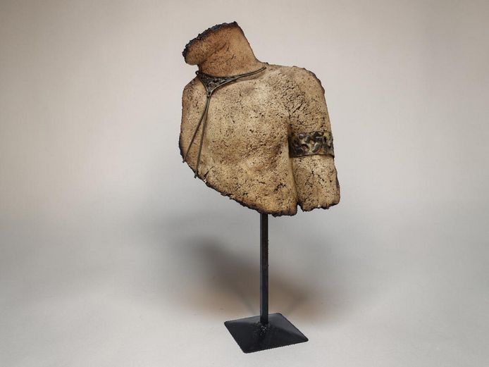 Contemporary Mixed Media Reconstituted Stone Torso Sculpture with Metal Adornments