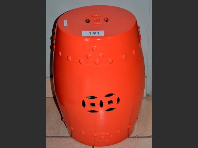 ORIENTAL ORANGE CERAMIC STOOL/PLANT STAND, 29cm Diameter x 46cm High