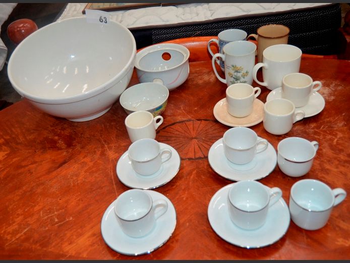 LARGE CERAMIC MIXING BOWL, ARZBERG DEMITASSE CUPS & SAUCERS, CHINESE BOWL, etc