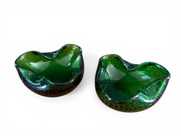 Pair of Green Art Glass Bowls/Ashtrays