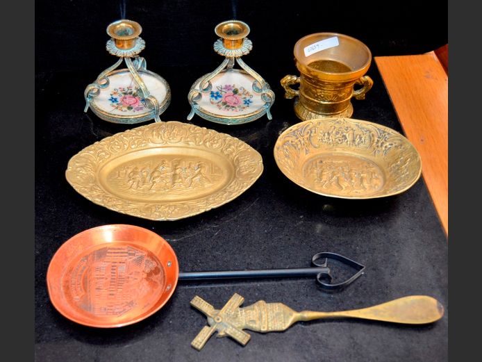 PAIR BRASS CANDLESTICKS, MORTAR, BRASS BOWL, etc