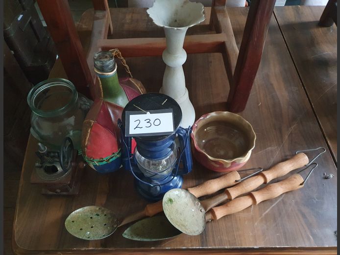 LOT: PAINTED BRASS VASE, LEATHER BOUND DECANTER, etc