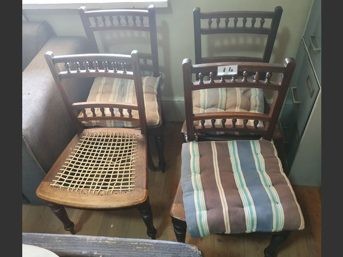 SET OF 4 EDWARDIAN STYLE SPINDLE BACK DINING CHAIRS WITH RIEMPIE SEATS [Riempies need replacing]