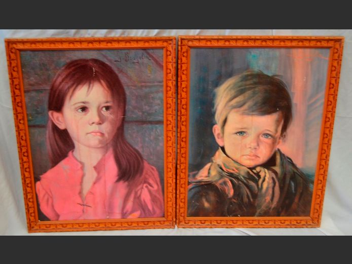 PAIR FRAMED VINTAGE PRINTS "BOY & GIRL CRYING", 64 x 46cm