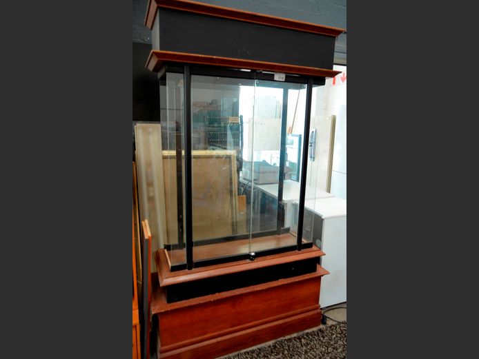 OAK & GLASS 2 DOOR DISPLAY CABINET- 115 x 45 x 210cm [2x glass side panels needed, shelves needed, doors open, no keys]