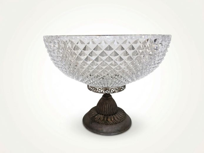 Vintage Cut Crystal Footed Centerpiece Bowl with Ornate Metal Base