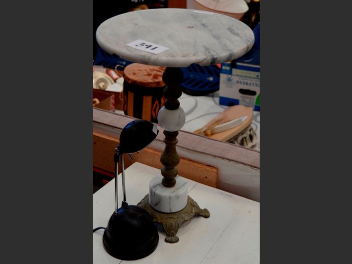 BRASS & MARBLE SIDE TABLE, 30cm Diameter x 44cm High, & A DESK LAMP