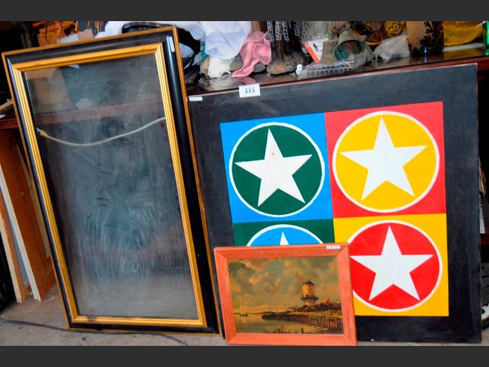 UNFRAMED OIL ON CANVAS "STARS",  FRAMED DUTCH MILL PRINT, etc