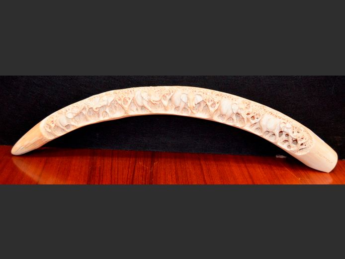 CARVED IVORY TUSK "ELEPHANTS" SIGNED SELLO MABALA, 78cm Long [Not suitable for export]