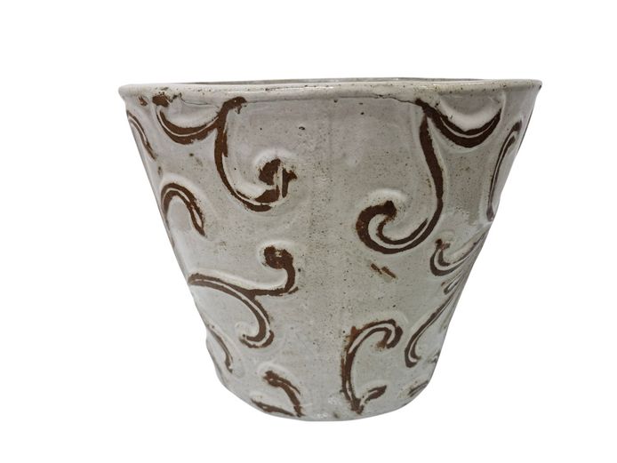 Heavy Ceramic Planter with Scroll Relief Motif