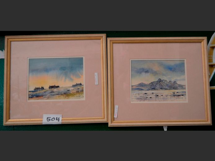 PAIR FRAMED WATERCOLOURS "FARM HOUSES" SIGNED JIM McINTYRE, 20.5 x 15.5cm