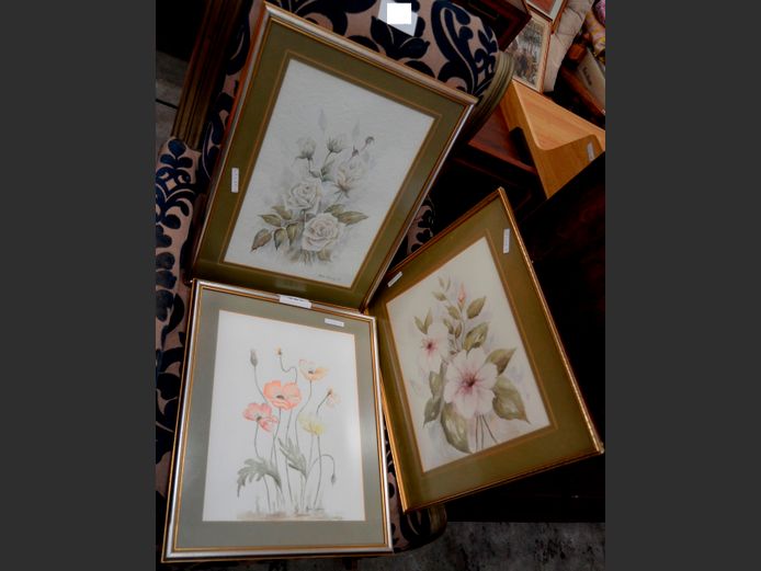 SET OF 3 FRAMED FLOWER PRINTS, 38 x 29.5cm