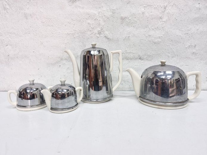 Vintage Mid-Century Chrome Insulated Ceramic Tea & Coffee Service
