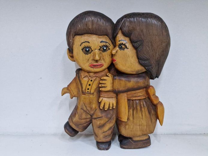 Signed Wood Carving - Figural Boy and Girl Plaque