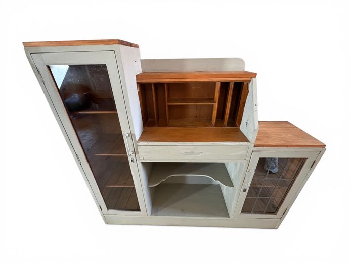 Vintage Wooden Kitchen Cabinet with Glass Doors and Writing Desk
