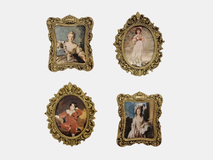 Set of 4 Vintage-Style Ornate Gold Plastic Miniature Portraits