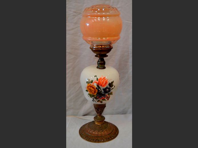 BRASS & CERAMIC TABLE LAMP WITH GLASS SHADE, 62cm High