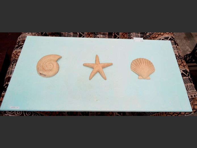 UNFRAMED ARTWORK ON CANVAS "SEASHELLS & STARFISH", 102 x 50cm [Damage to 1 shell]