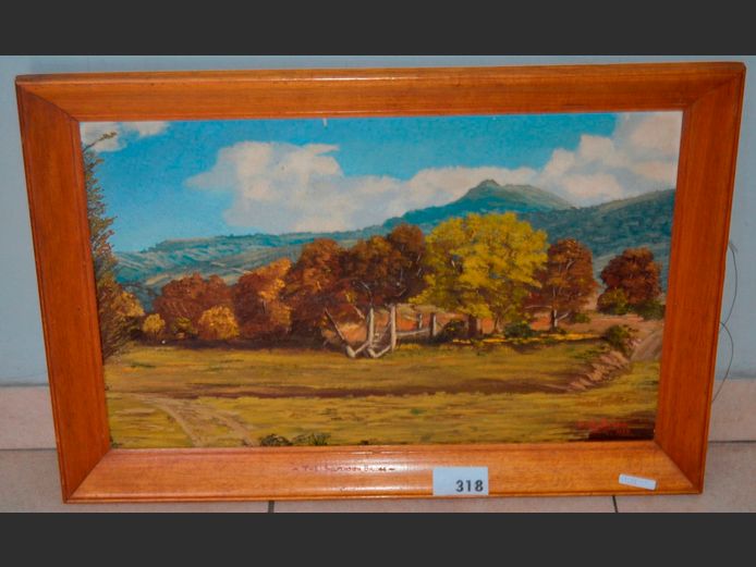 MAHOGANY FRAMED OIL ON CANVAS "THE SUSPENSION BRIDGE" SIGNED BOBBY BOWEN, 69 x 44cm