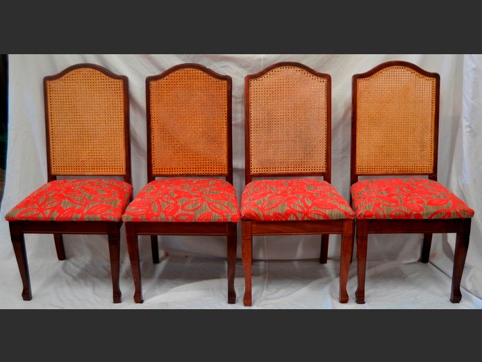 SET OF 4 IMBUIA RATTAN BACK DINING CHAIRS