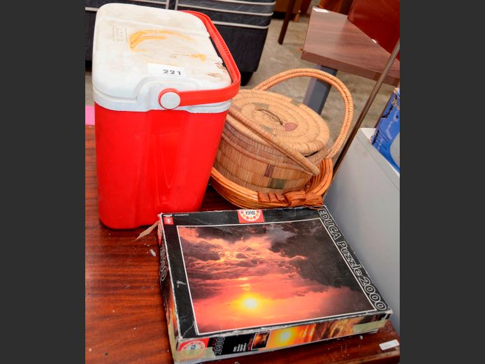 COOLER BOX, WOVEN BASKETS, PUZZLE, etc