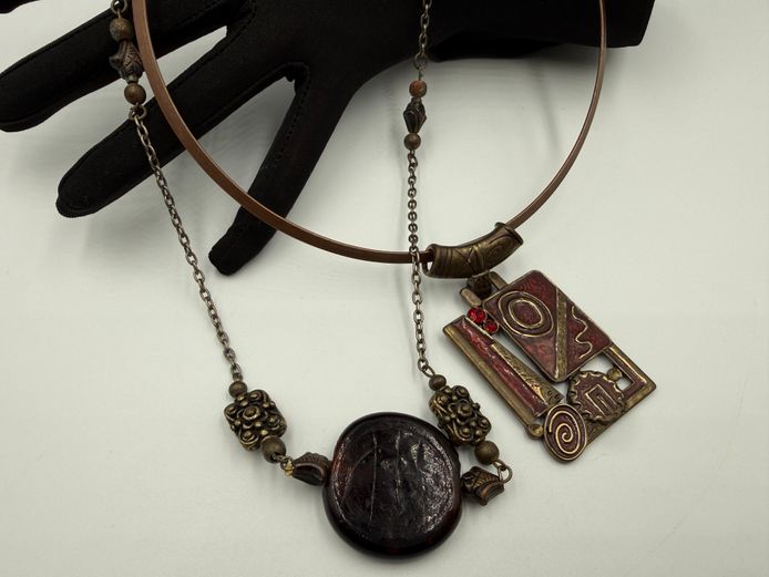 Brass choker necklace and brown costume jewellery necklace