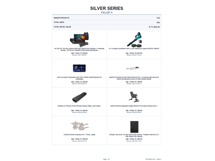 SILVER PALLET OF STOCK (NOT TESTED) TOTAL RETAIL VALUE: R 77,499.00 STC