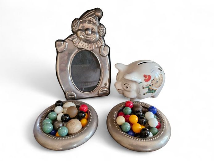 Vintage Old Foley Piggy Bank, Clown Picture Frame & Marbles