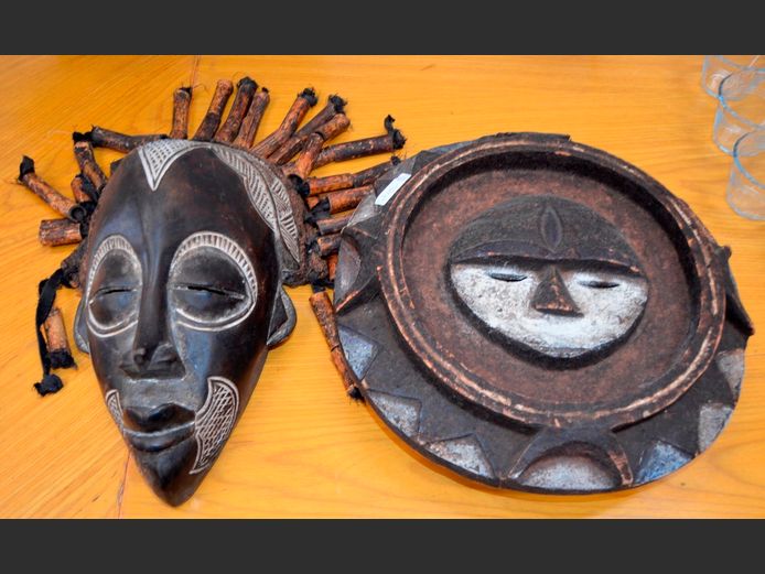 LOT OF 2 WOODEN MASKS: CAMEROONIAN & CHOKWE, 35cm Diameter & 36cm x 20cm