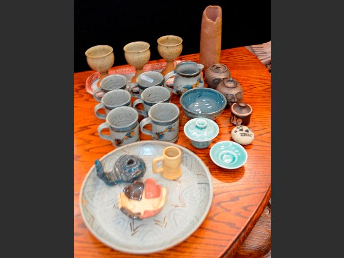 POTTERY: CUPS, GOBLETS, PLATE, etc [Chips to some pieces]