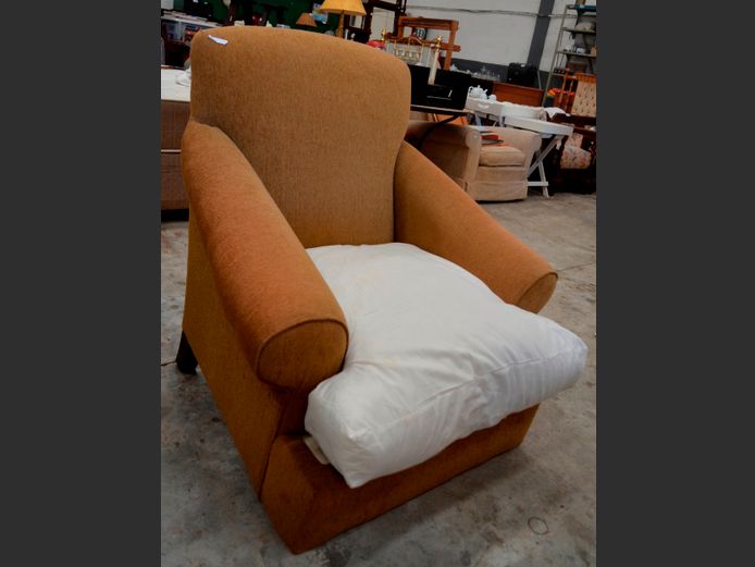 BROWN UPHOLSTERED ARMCHAIR [2 Legs needed & cushion cover needed]