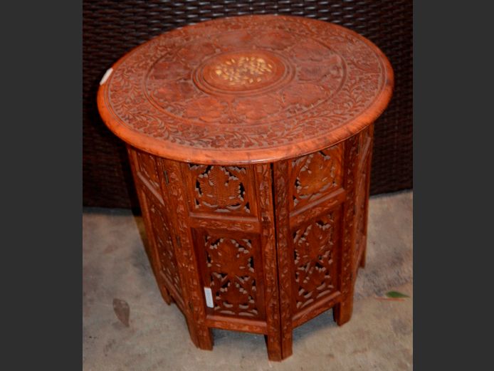 TEAK INTRICATELY CARVED & INLAID SIDE TABLE, 46cm Diameter x 46cm High