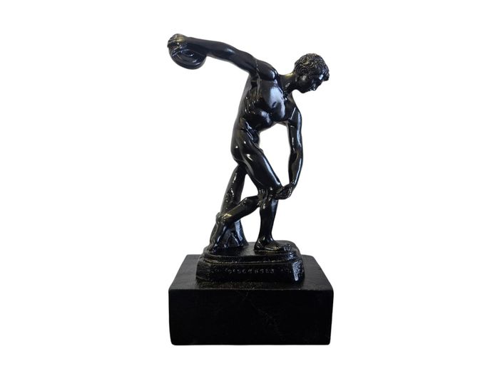 Black Painted Wooden Discobolus (Discus Thrower) Figurine on Plinth Base