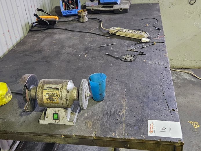 METAL WORKBENCH WITH ATTACHED GRINDER AND SMALL TOOLS
