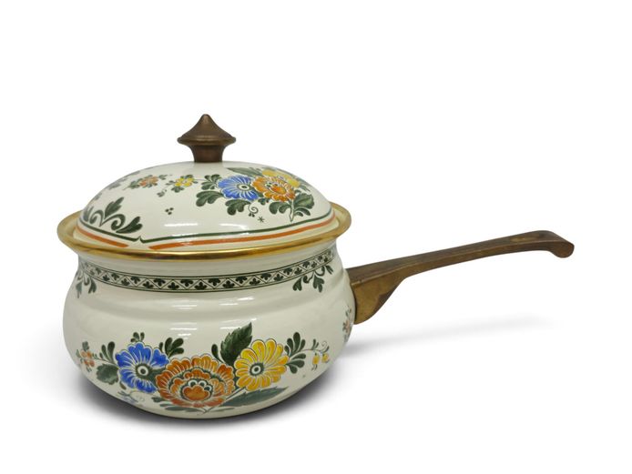 1970's ASTA German Enamelware Saucepan with 24K Gold-Plated Rim & Brass Handle
