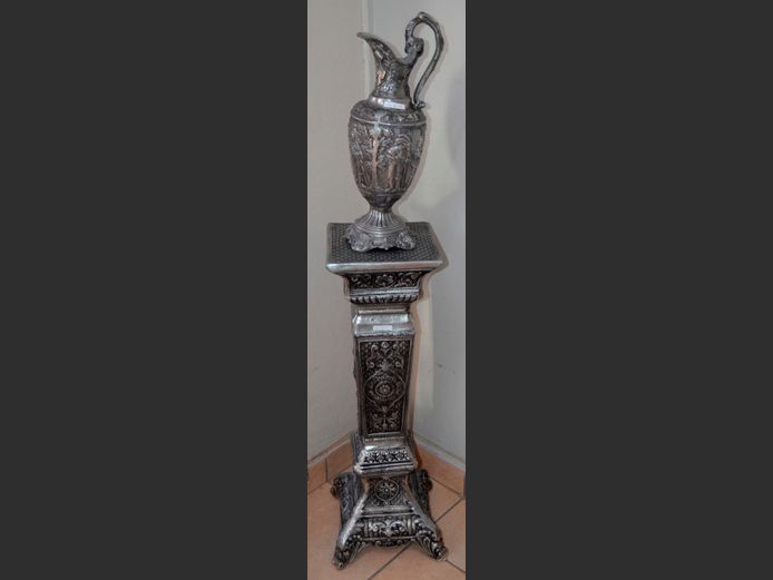 CAST ALUMINIUM DECORATIVE PITCHER ON PLINTH, 140cm High