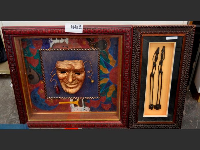 BOX FRAMED AFRICAN ARTWORK & BOX FRAMED DRAMA MASK, 53 x 53cm & 53 x 25cm