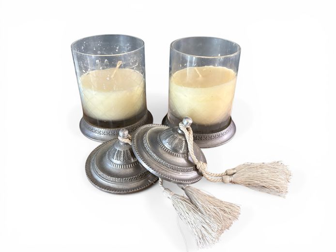 Pair of Decorative Candles in glass Holders with Metal Shades